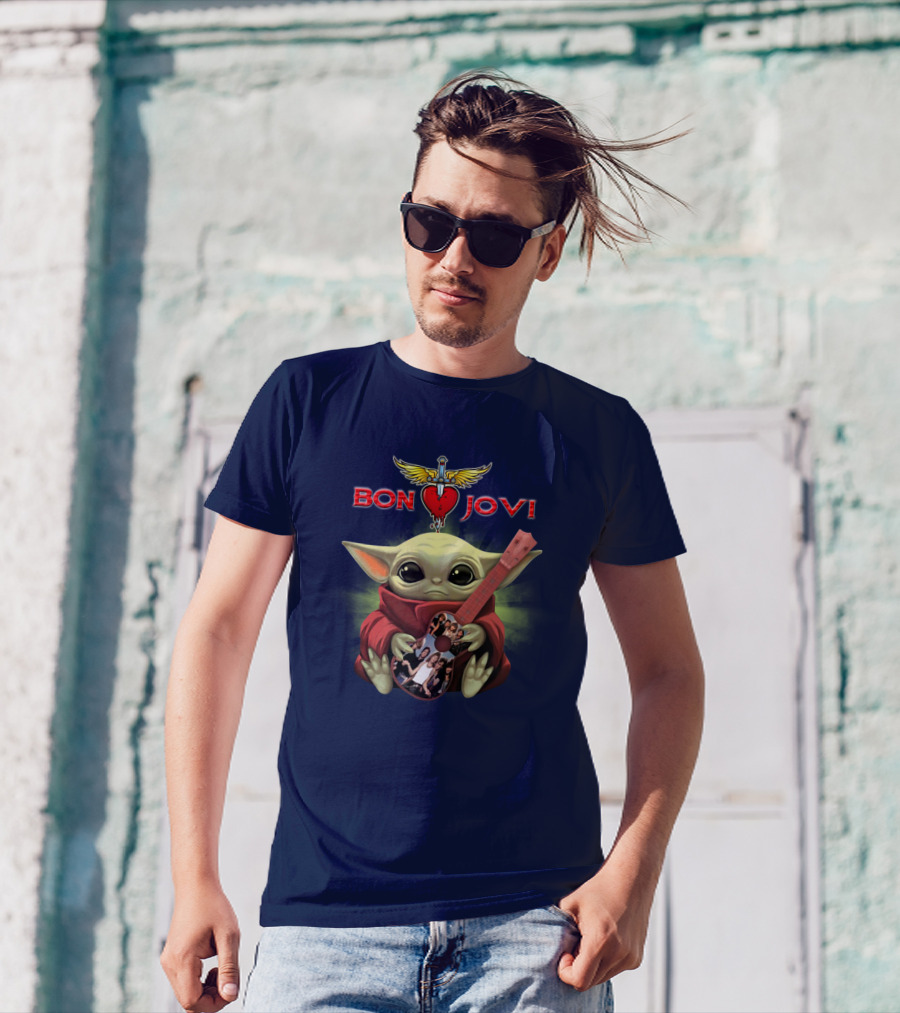 Baby Yoda Holding Guitar With Bon Jovi Heart Dagger T-Shirt