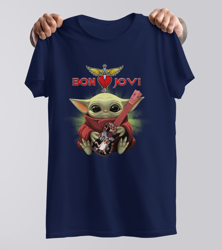 Baby Yoda Holding Guitar With Bon Jovi Heart Dagger T-Shirt