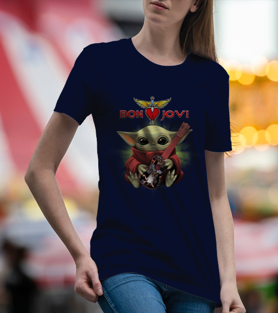 Baby Yoda Holding Guitar With Bon Jovi Heart Dagger T-Shirt