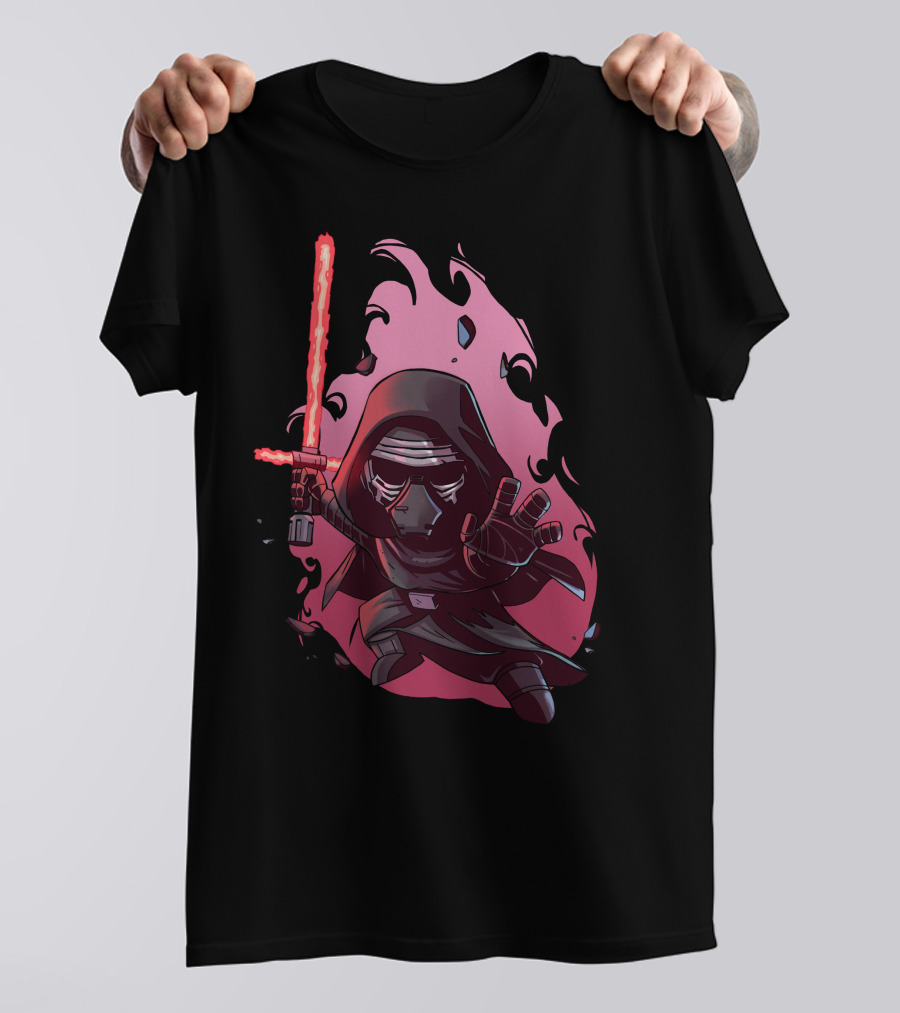 Chibi Kylo Ren Star Wars With Red Lightsaber And Fiery Background T-Shirt