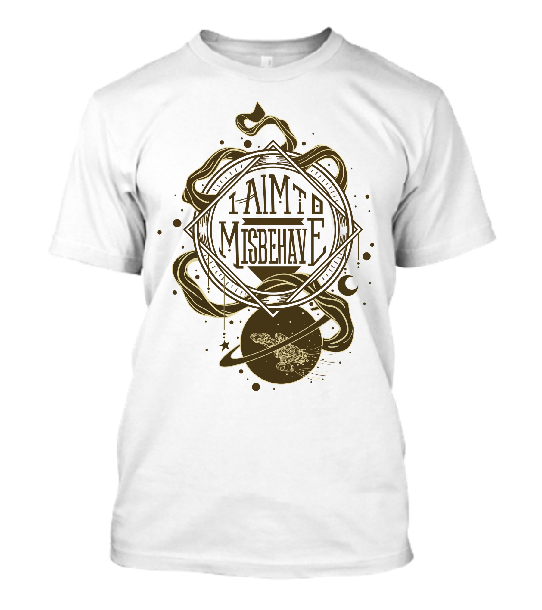 I Aim To Misbehave Firefly Serenity In Space With Gold Rings And Stars T-Shirt