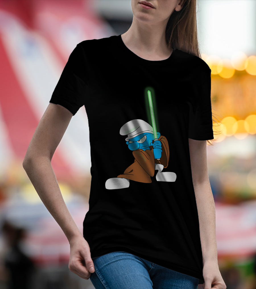 Smurf Jedi With Green Lightsaber In Star Wars-Inspired Crossover T-Shirt