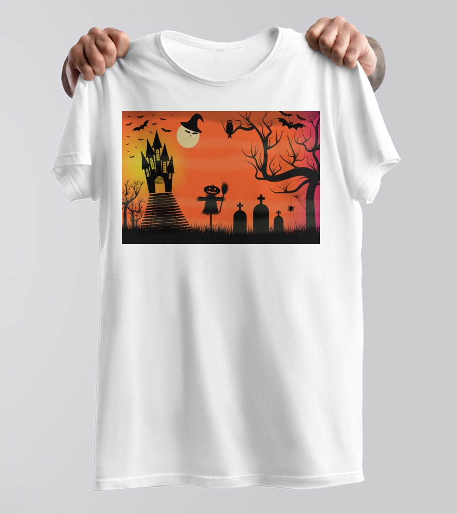 Halloween Haunted Castle Silhouette With Bats And Graveyard Scene T-Shirt
