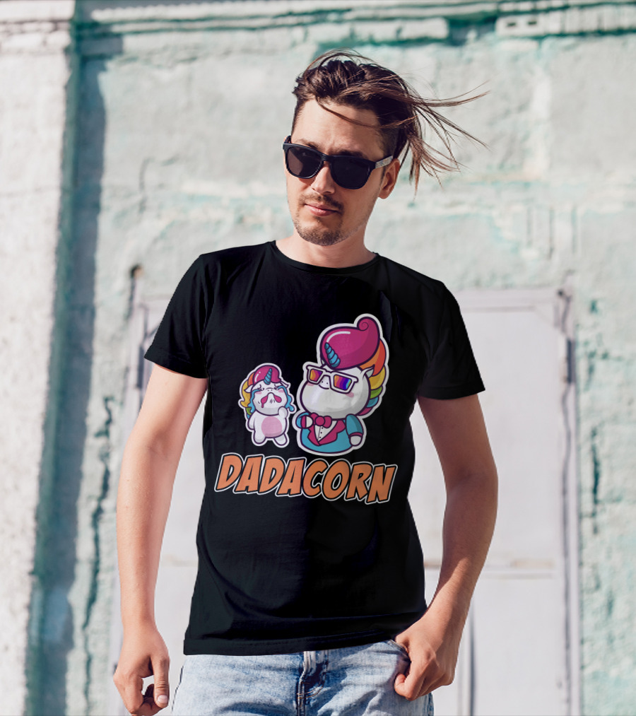 Dadacorn Unicorn Dad And Baby With Rainbow Outfits And Sunglasses T-Shirt