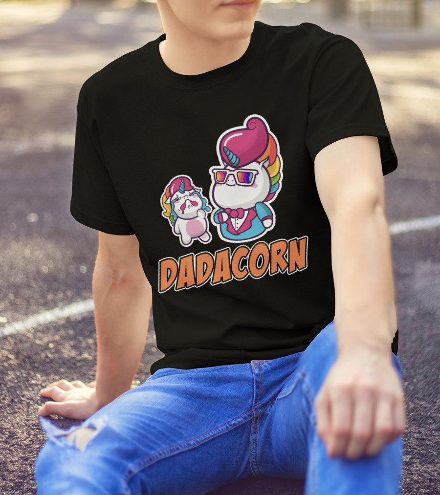 Dadacorn Unicorn Dad And Baby With Rainbow Outfits And Sunglasses T-Shirt