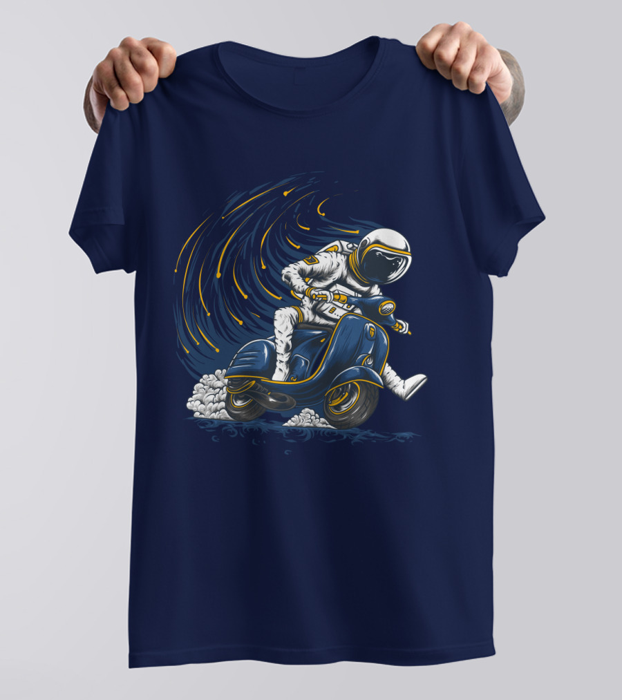 Astronaut In Spacesuit Joyfully Riding Vespa Scooter With Meteor Shower T-Shirt