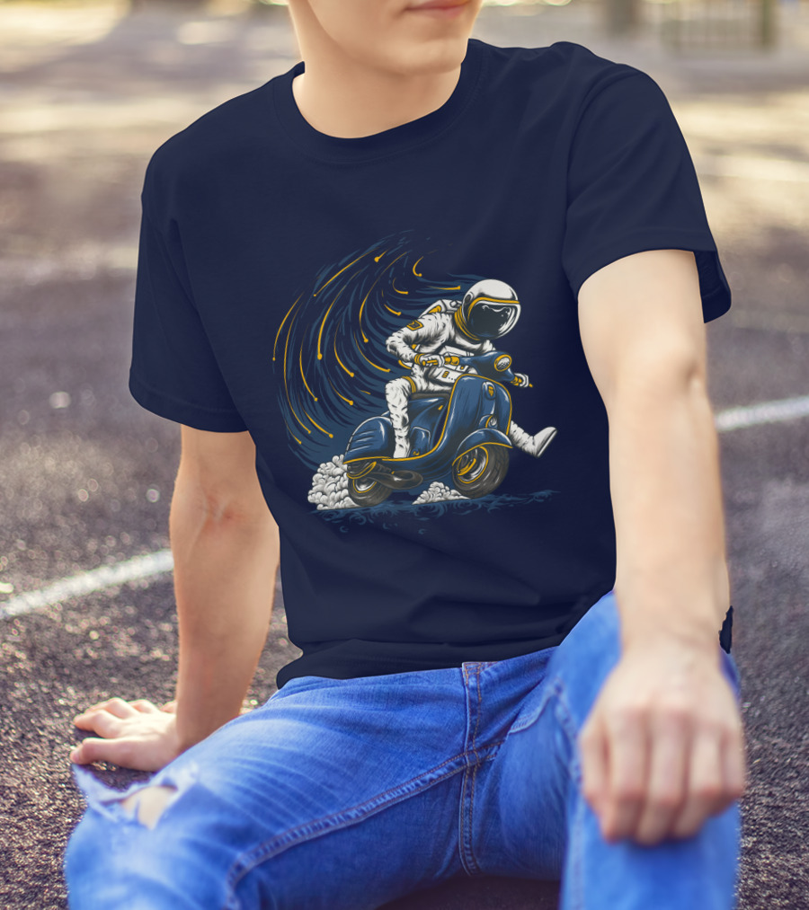 Astronaut In Spacesuit Joyfully Riding Vespa Scooter With Meteor Shower T-Shirt