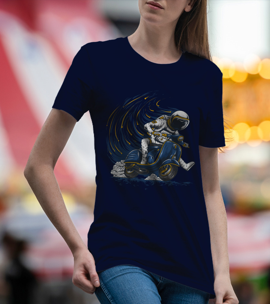 Astronaut In Spacesuit Joyfully Riding Vespa Scooter With Meteor Shower T-Shirt