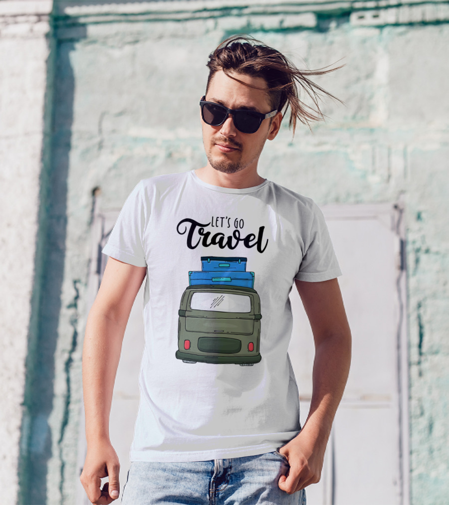 Let's Go Travel With Retro Van And Luggage Stack T-Shirt