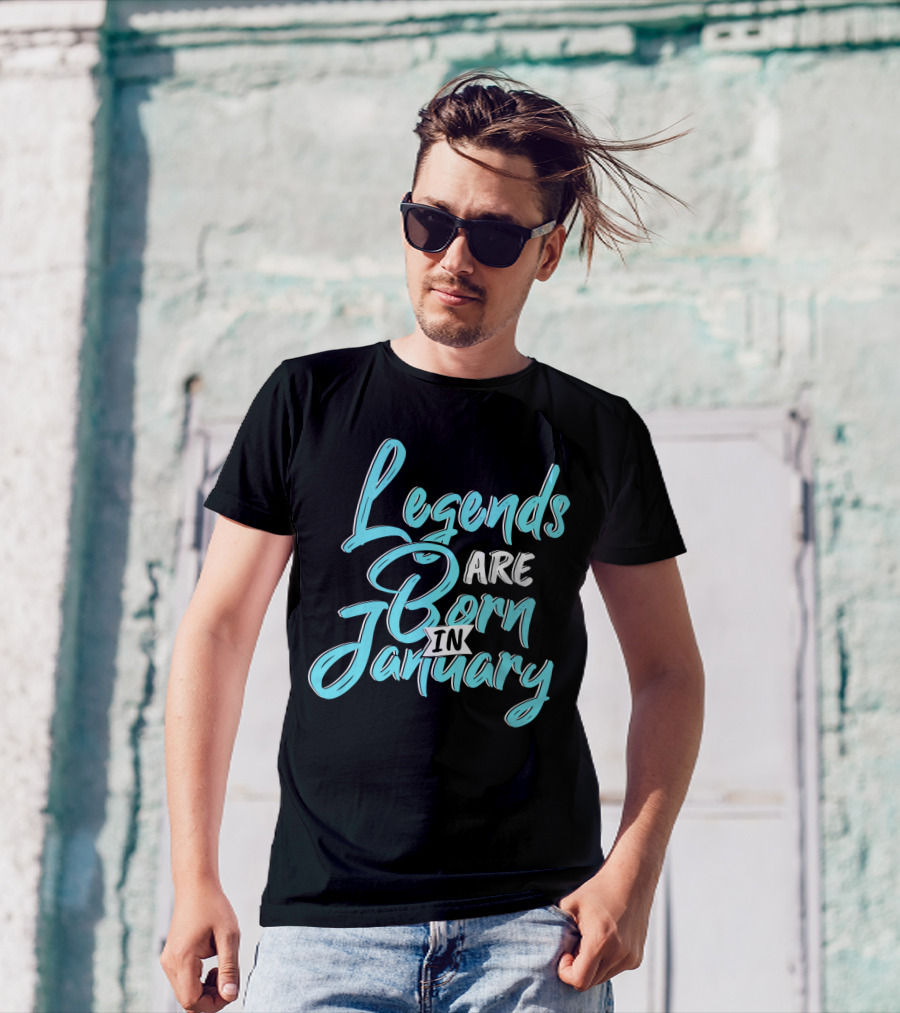 Legends Are Born In January Aquatic Blue Script T-Shirt
