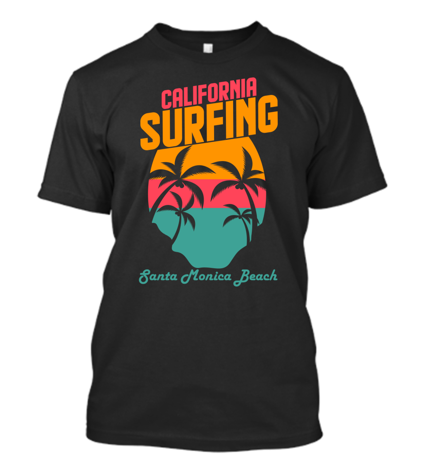 California Surfing Santa Monica Beach Sunset Palm Trees T-Shirt