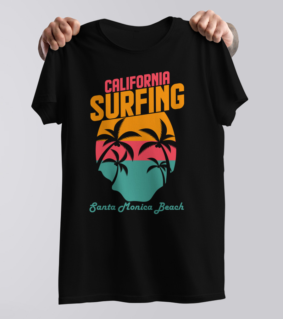 California Surfing Santa Monica Beach Sunset Palm Trees T-Shirt