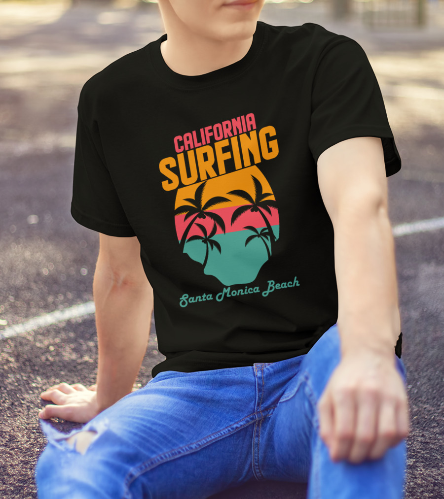 California Surfing Santa Monica Beach Sunset Palm Trees T-Shirt