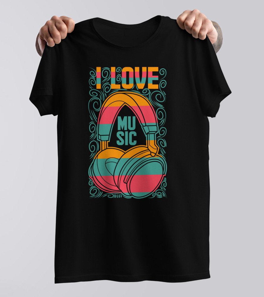 I Love Music Vibrant Headphones Pattern With Swirling Design Elements T-Shirt