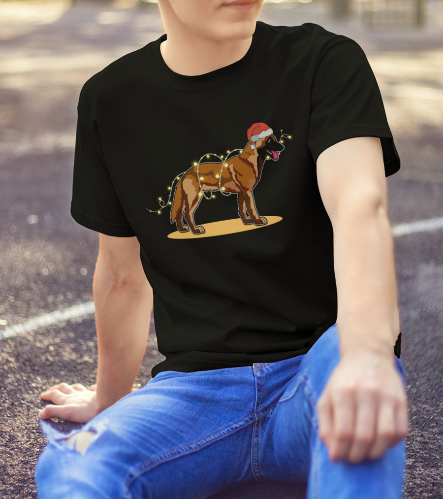 Belgian Malinois Wrapped In Christmas Lights With Santa Hat T-Shirt