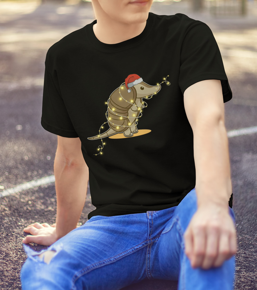 Santa Hat Armadillo Wrapped In Holiday String Lights T-Shirt