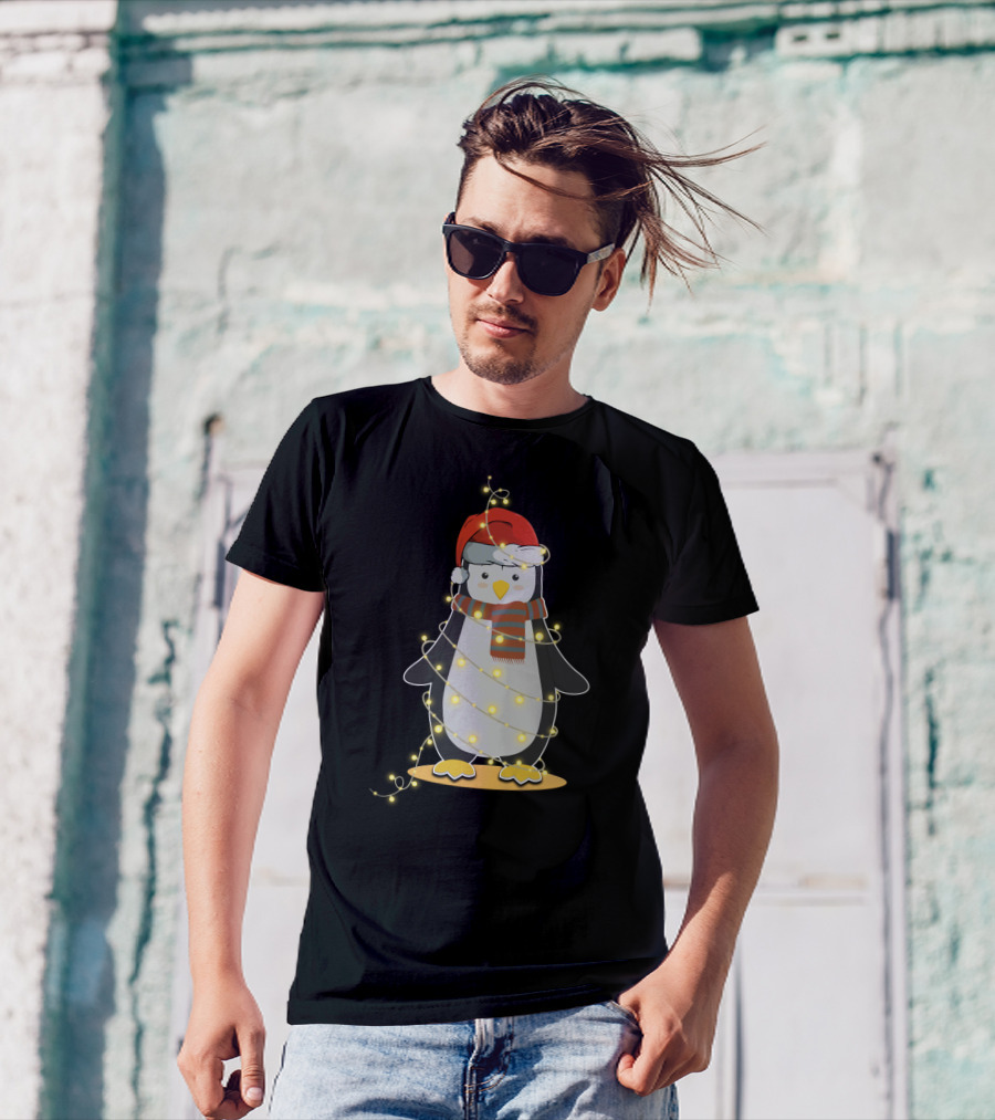 Penguin Wrapped In Christmas Lights With Santa Hat And Scarf T-Shirt