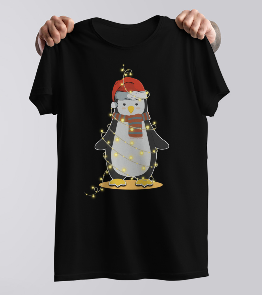Penguin Wrapped In Christmas Lights With Santa Hat And Scarf T-Shirt