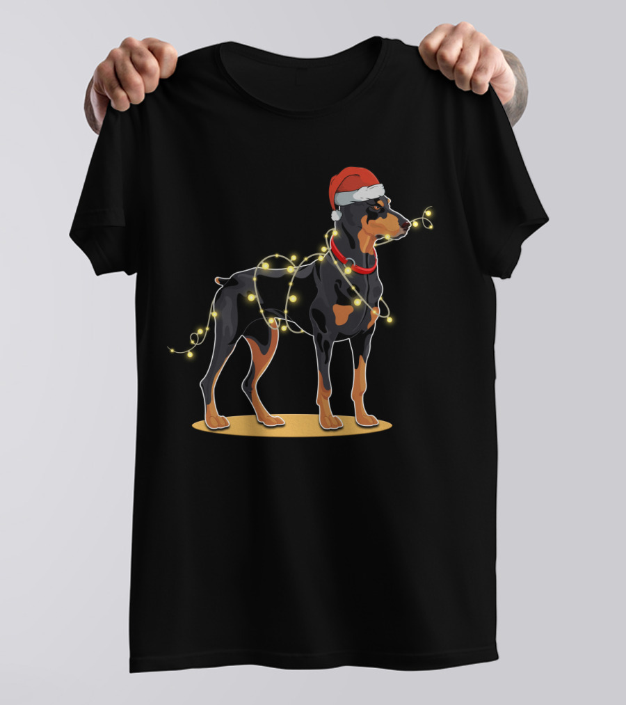 Doberman Wearing Santa Hat With Christmas Lights T-Shirt