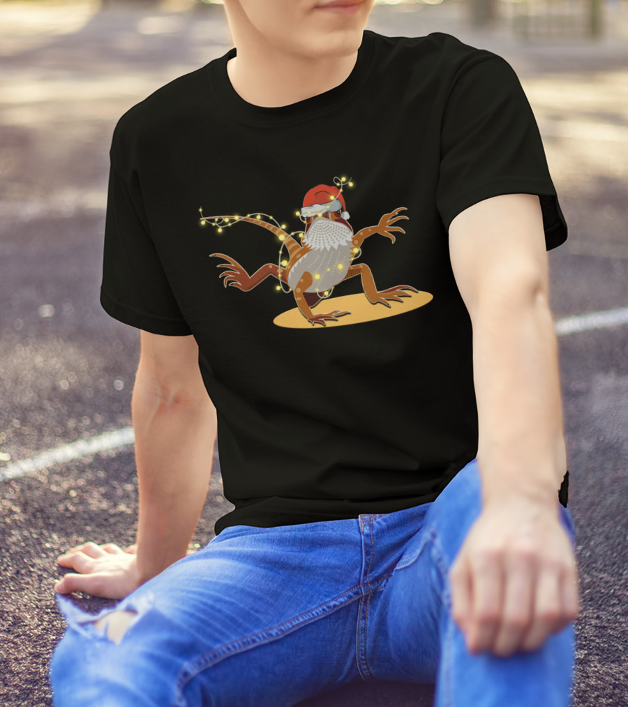 Santa Hat Bearded Dragon Wrapped In Christmas Lights T-Shirt