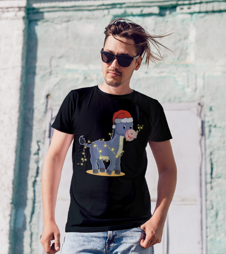 Christmas Lights Donkey With Santa Hat Holiday T-Shirt