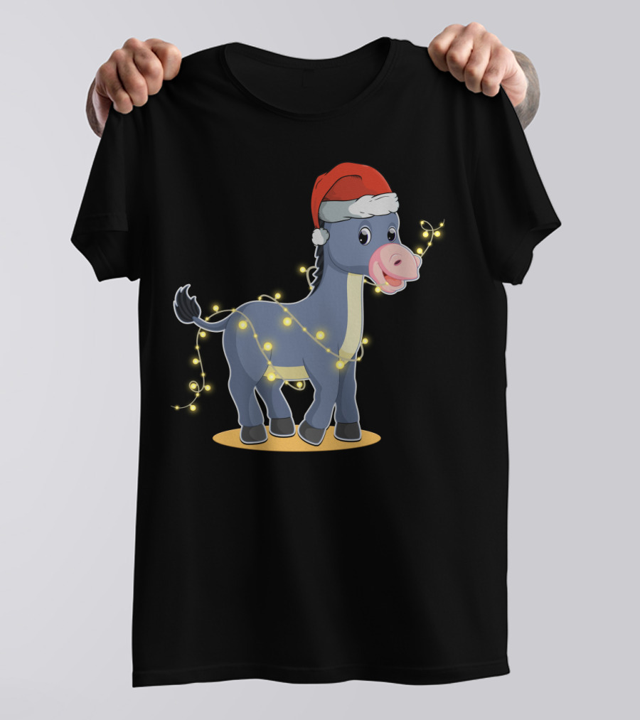 Christmas Lights Donkey With Santa Hat Holiday T-Shirt