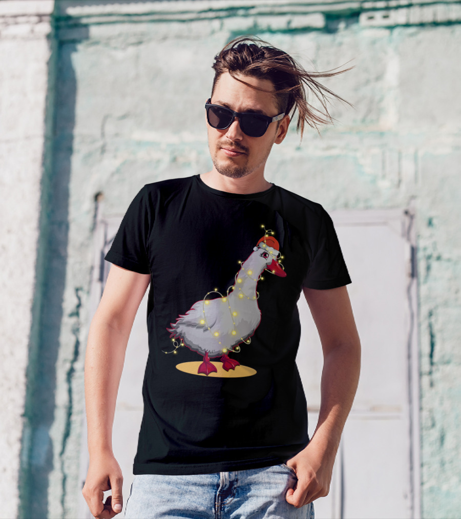 Christmas Lights Duck Wrapped In Festive String With Santa Hat T-Shirt
