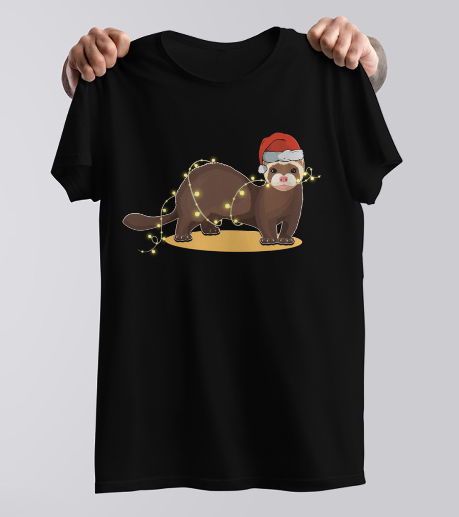 Christmas Lights Wrapped Ferret Wearing Santa Hat T-Shirt