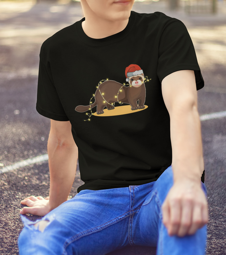 Christmas Lights Wrapped Ferret Wearing Santa Hat T-Shirt