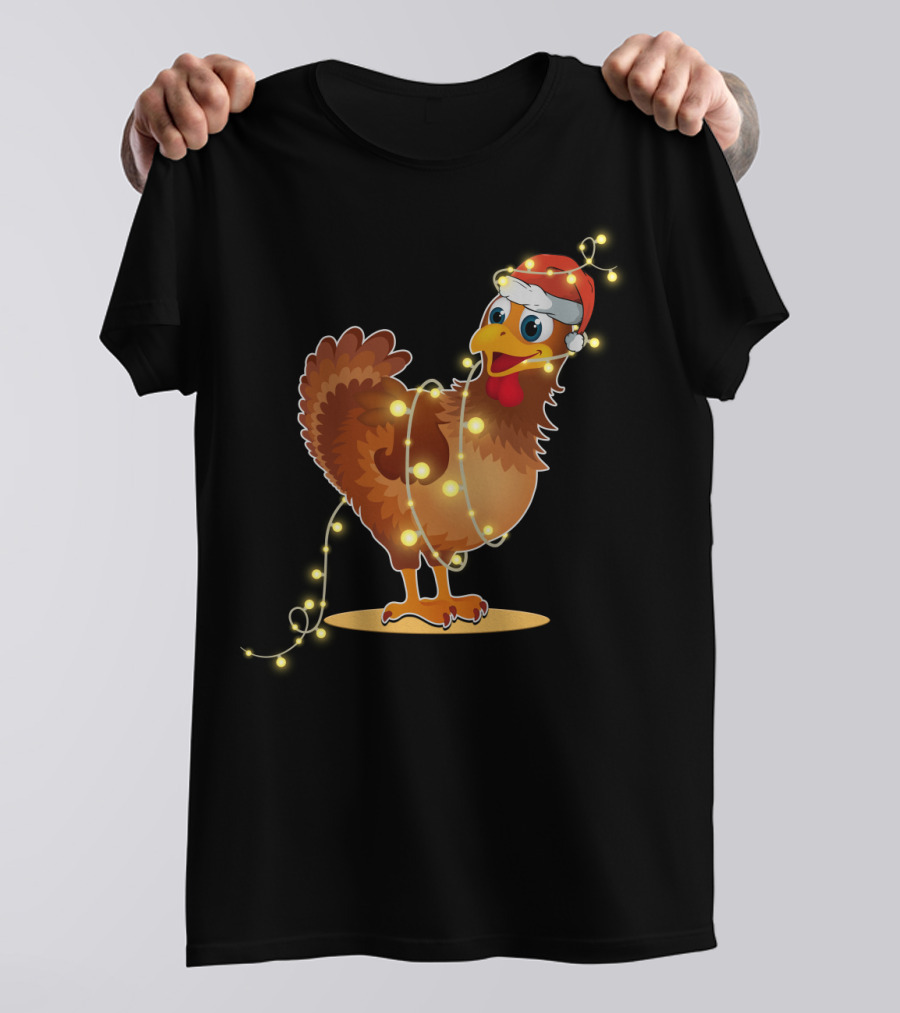 Santa Hat Chicken Wrapped In Christmas String Lights T-Shirt