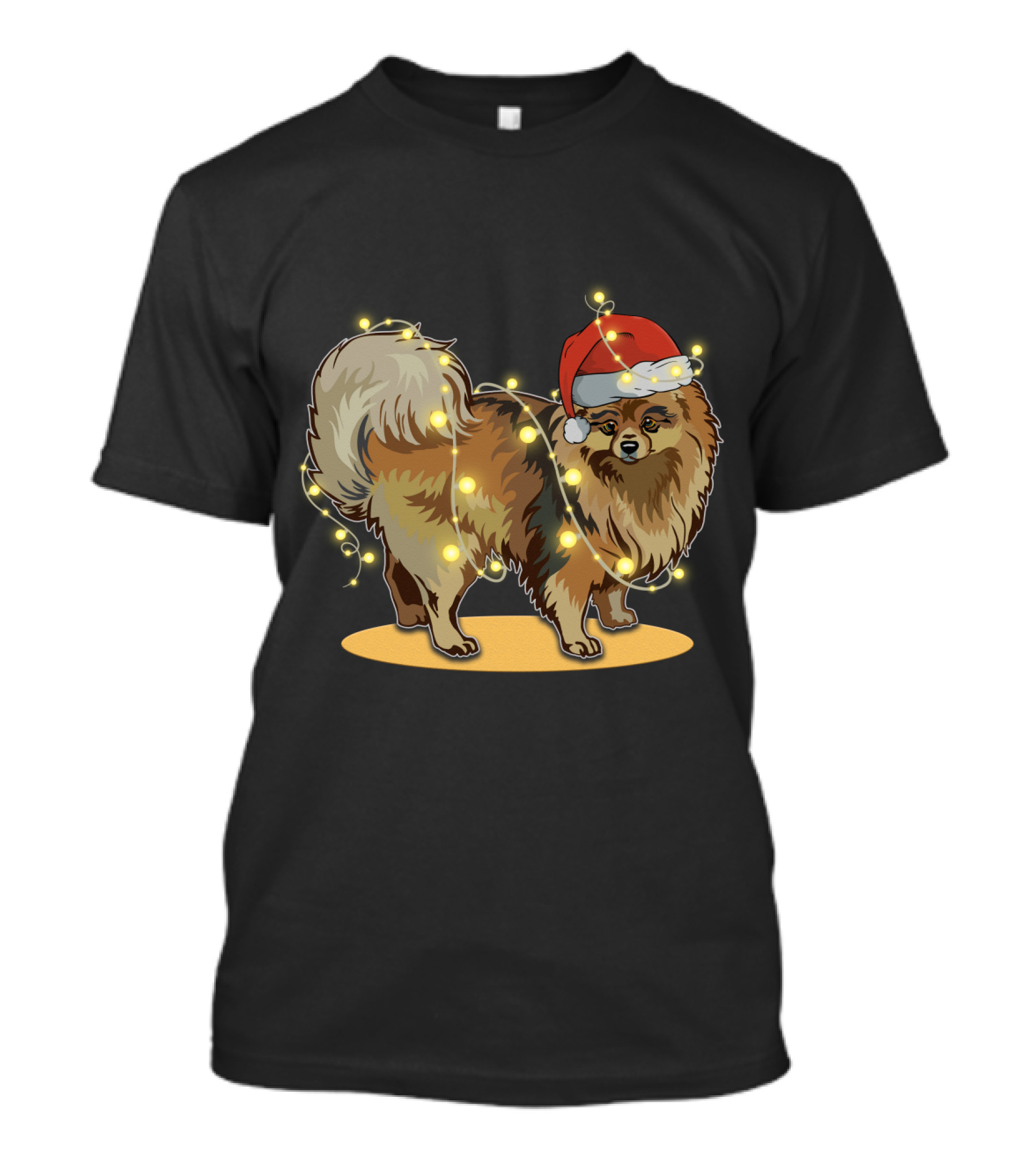 Pomeranian Wrapped In Christmas Lights Wearing Santa Hat T-Shirt