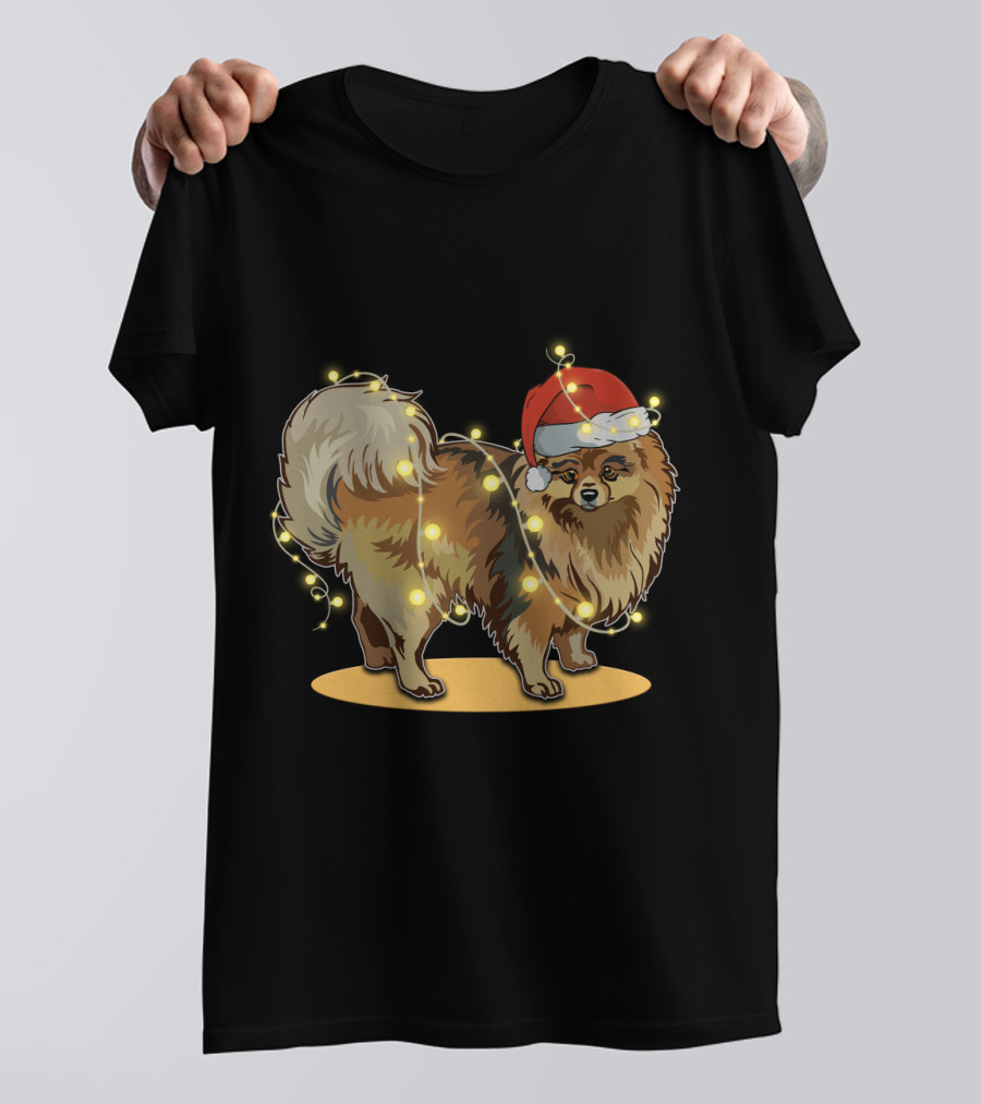 Pomeranian Wrapped In Christmas Lights Wearing Santa Hat T-Shirt