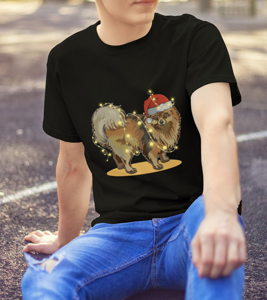 Pomeranian Wrapped In Christmas Lights Wearing Santa Hat T-Shirt