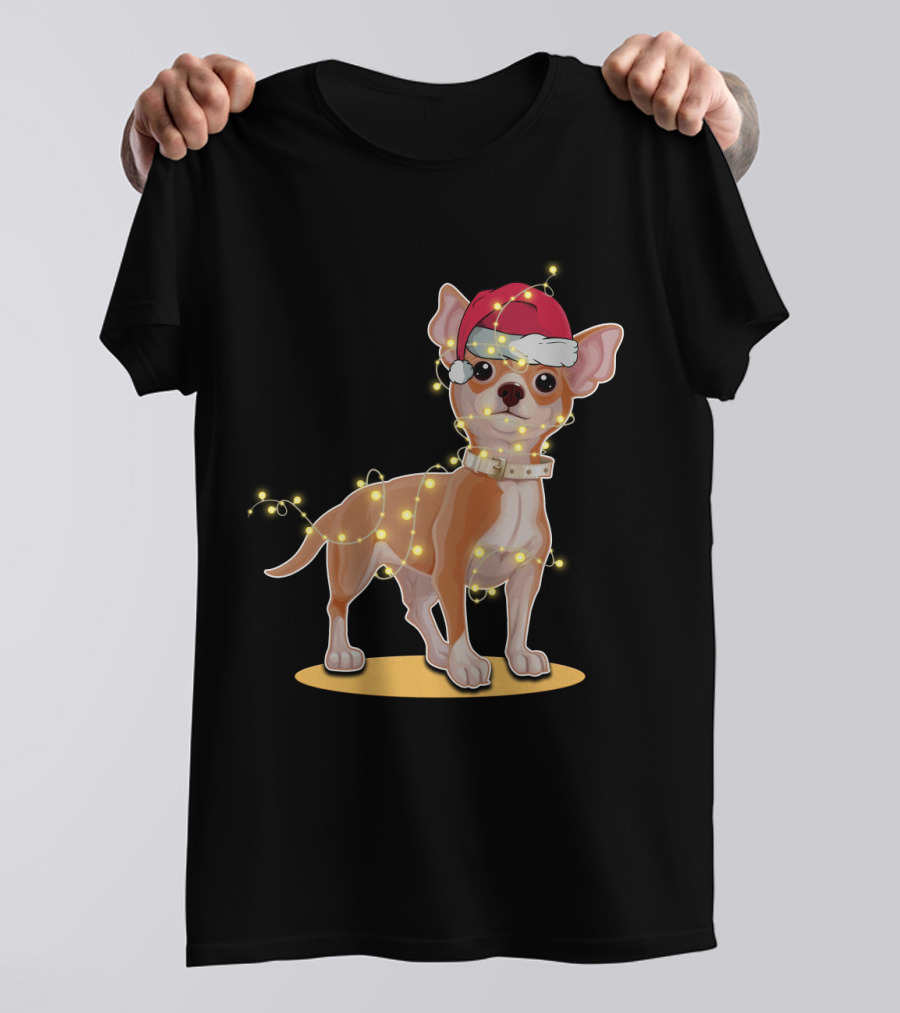 Chihuahua Wrapped In Festive Christmas Lights Wearing Santa Hat T-Shirt