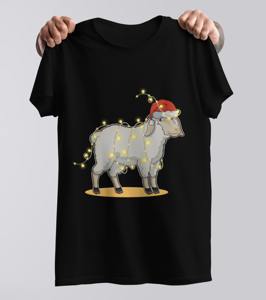 Sheep Wrapped In Christmas Lights With Santa Hat Holiday Decor T-Shirt