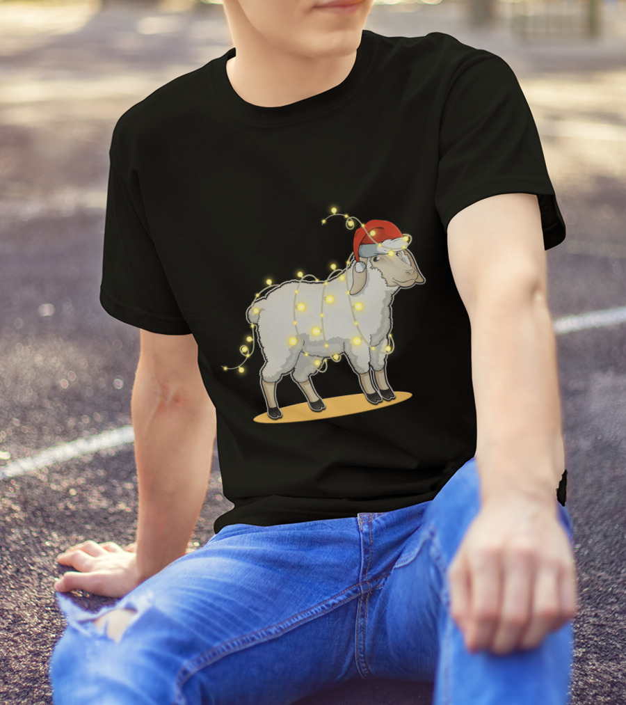 Sheep Wrapped In Christmas Lights With Santa Hat Holiday Decor T-Shirt