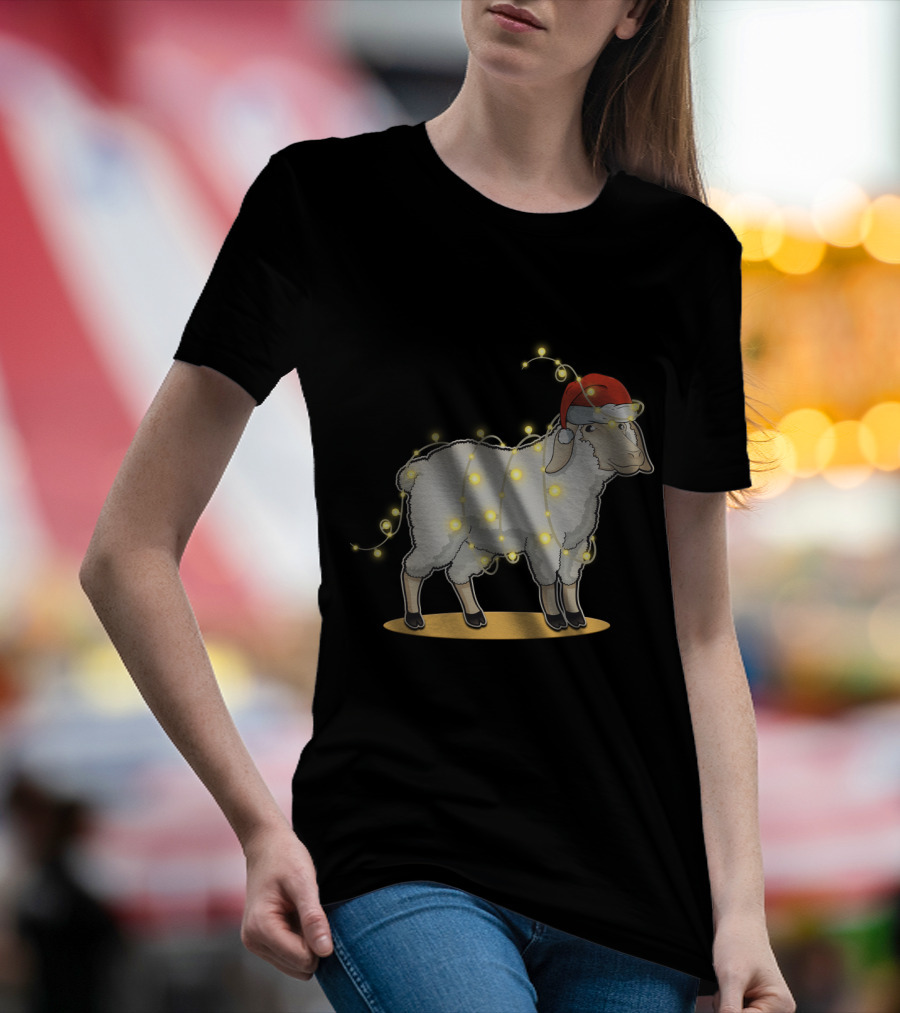 Sheep Wrapped In Christmas Lights With Santa Hat Holiday Decor T-Shirt