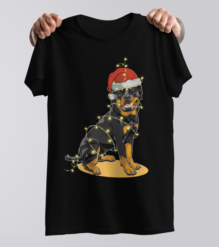 Rottweiler Wrapped In Christmas Lights With Santa Hat T-Shirt