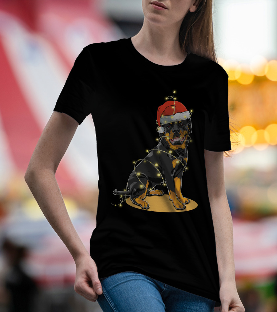 Rottweiler Wrapped In Christmas Lights With Santa Hat T-Shirt