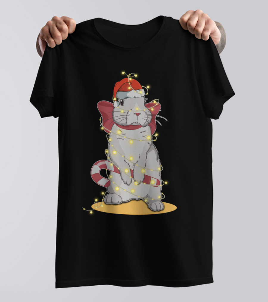 Christmas Lights Rabbit Santa Hat Candy Cane Festive T-Shirt