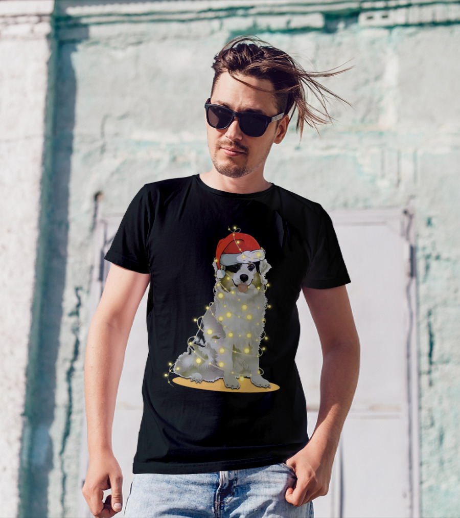 Santa Hat Australian Shepherd Wrapped In Christmas Lights T-Shirt