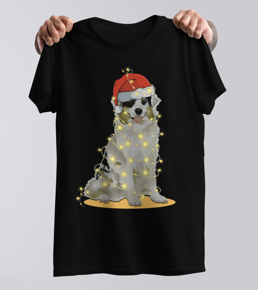 Santa Hat Australian Shepherd Wrapped In Christmas Lights T-Shirt