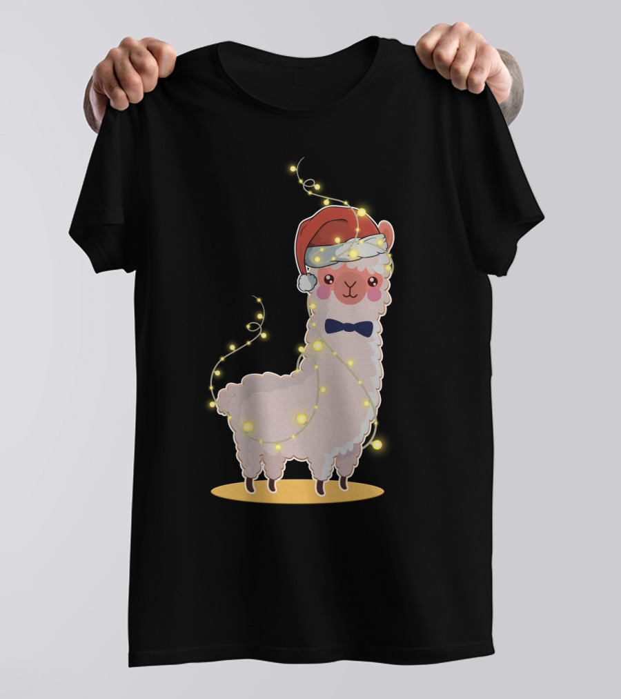 Alpaca Wrapped In Christmas Lights Wearing Santa Hat And Bow Tie T-Shirt