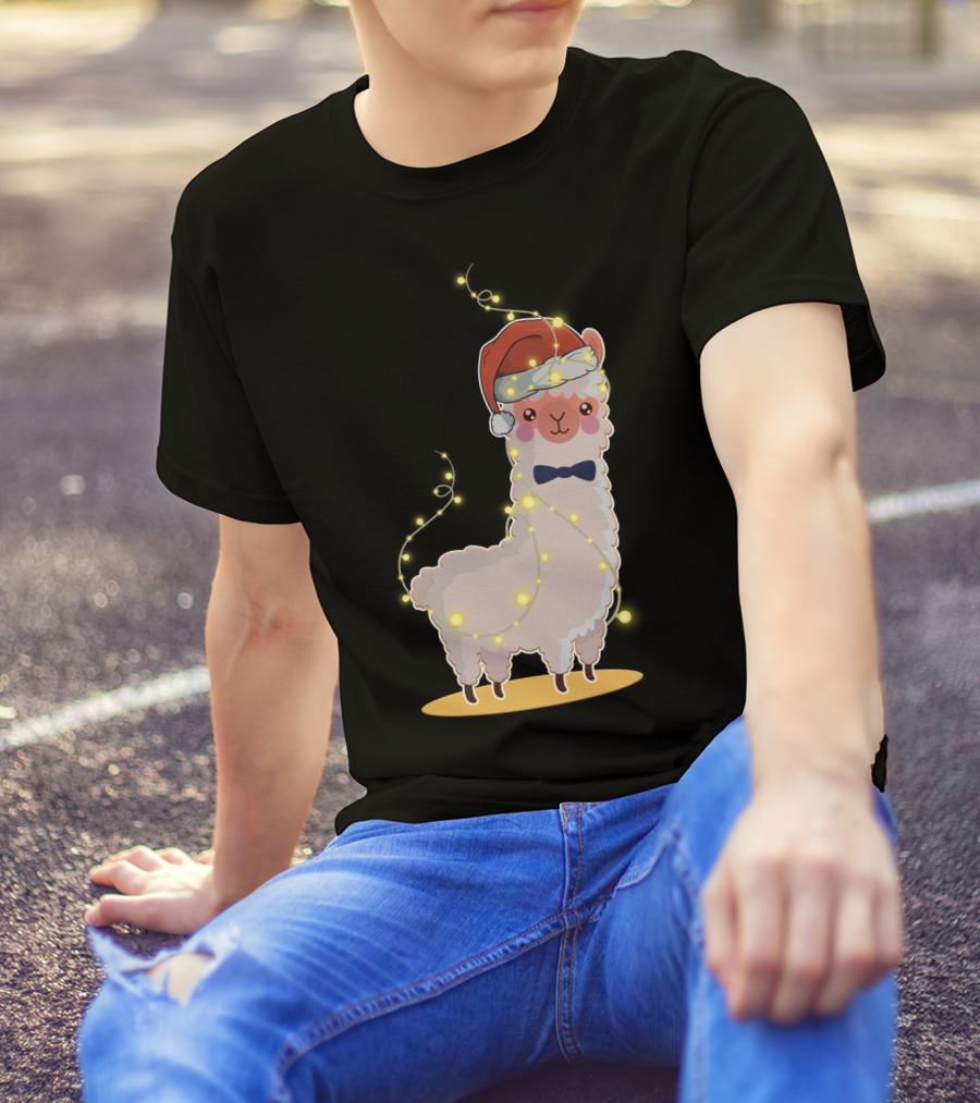 Alpaca Wrapped In Christmas Lights Wearing Santa Hat And Bow Tie T-Shirt