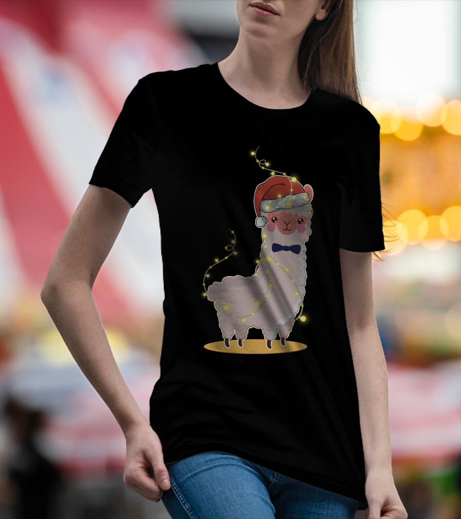 Alpaca Wrapped In Christmas Lights Wearing Santa Hat And Bow Tie T-Shirt