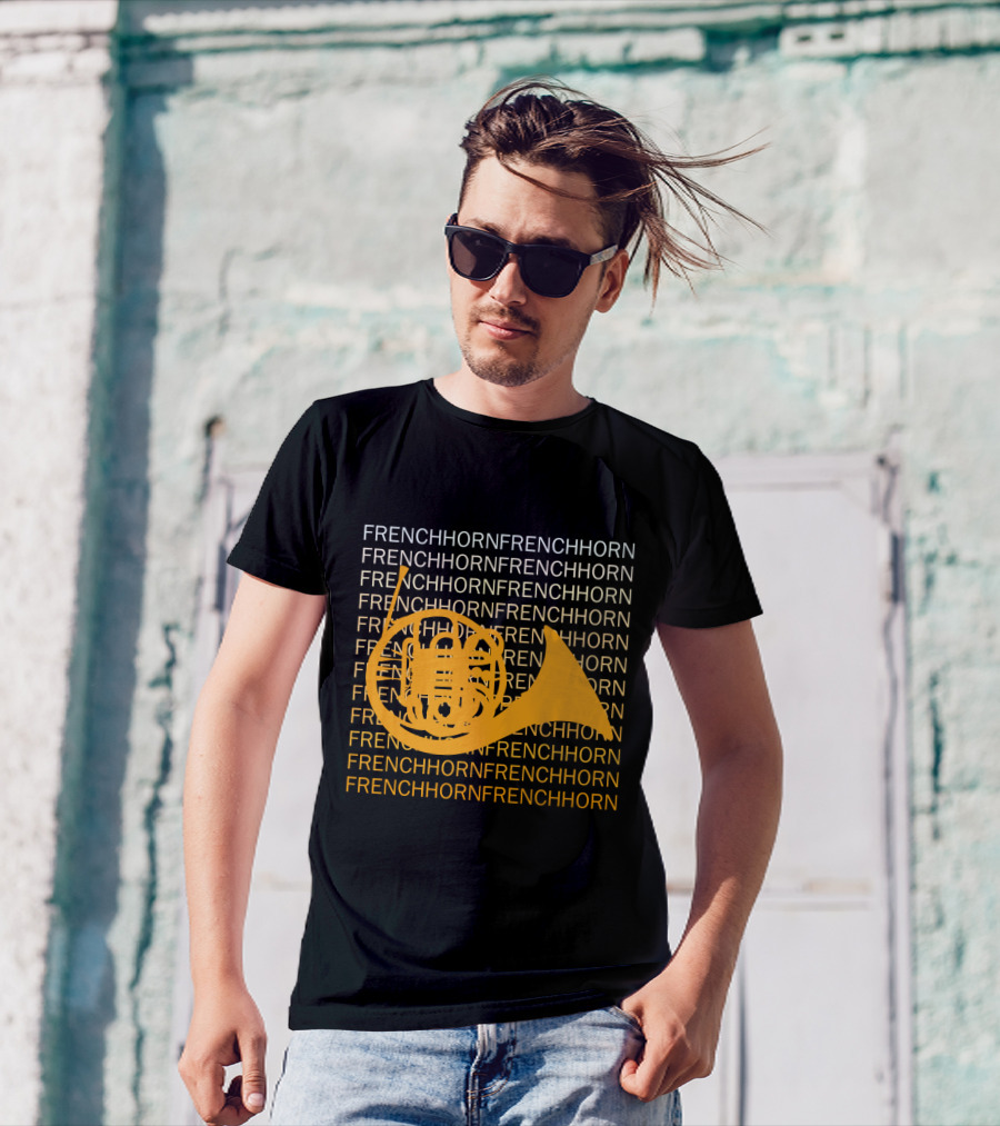 Repeating French Horn Text With Yellow Instrument T-Shirt