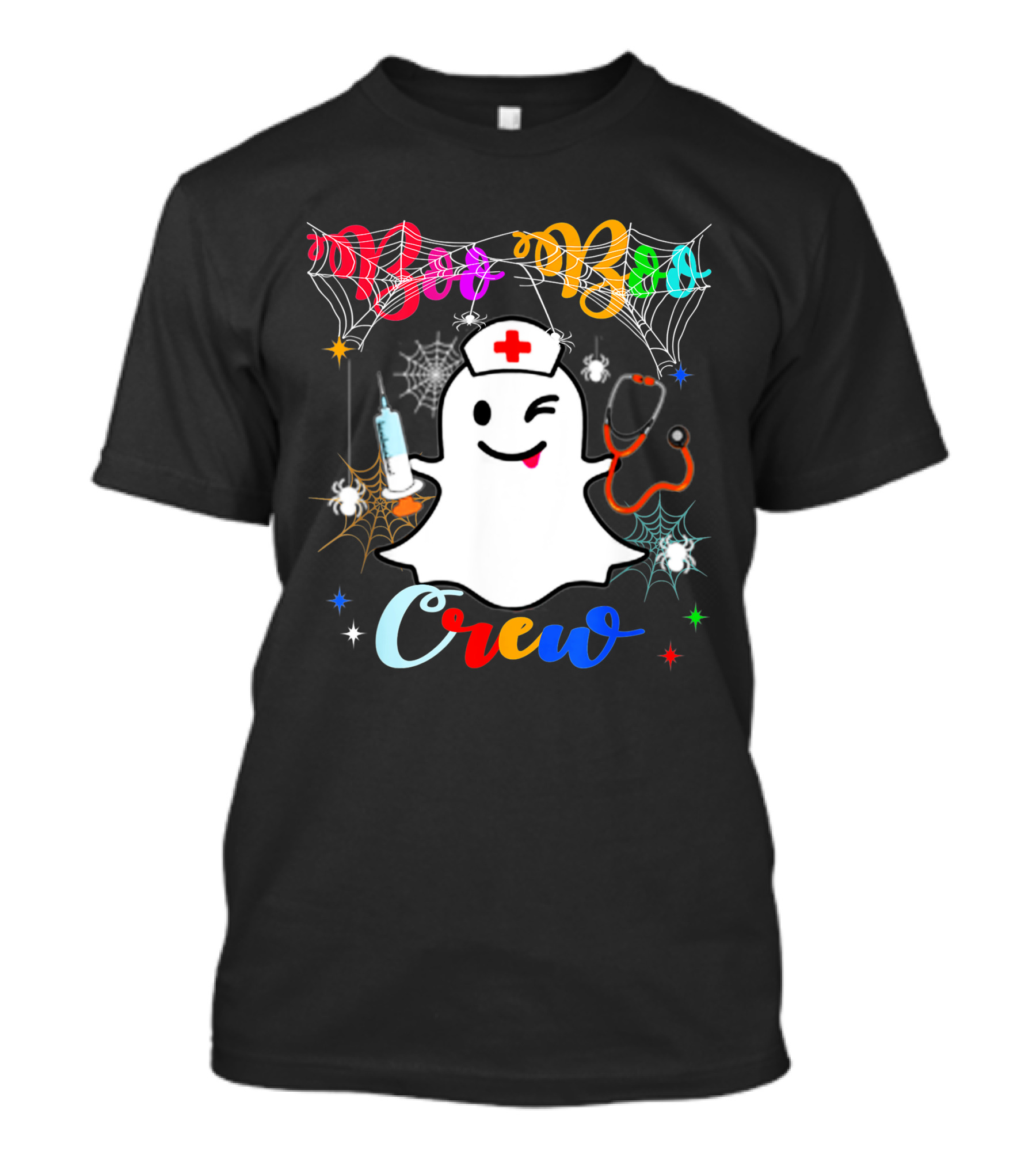 Boo Boo Crew Ghost Nurse Winking With Stethoscope And Syringe Halloween Spider Webs T-Shirt