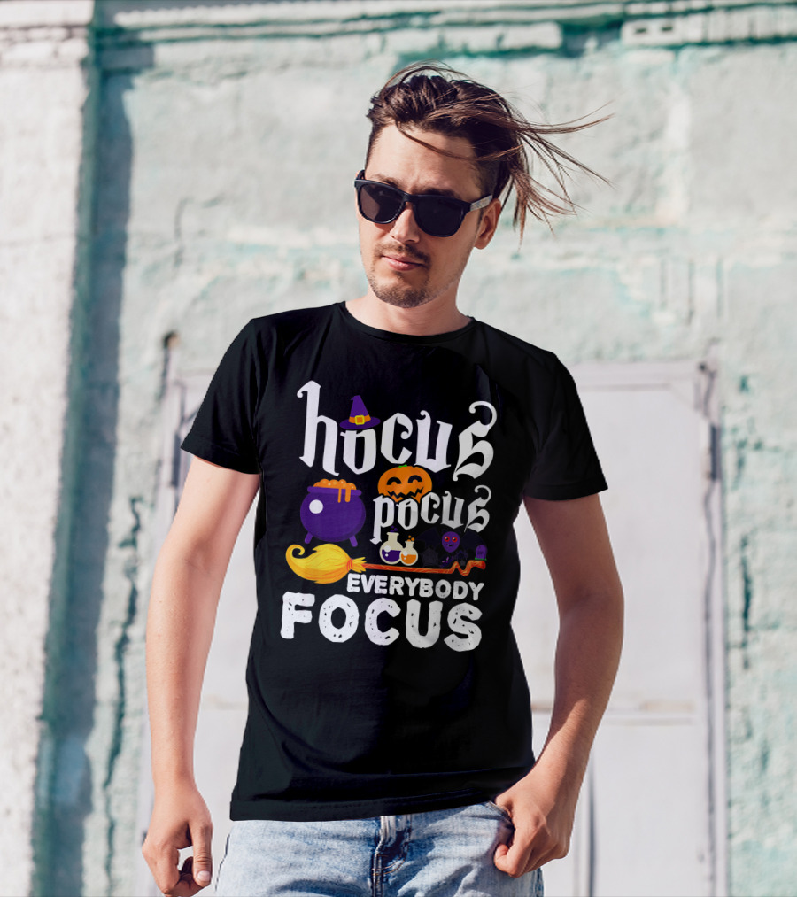 Hocus Pocus Everybody Focus Funny Halloween Costume Cauldron Pumpkin Broom Bat Potions T-Shirt