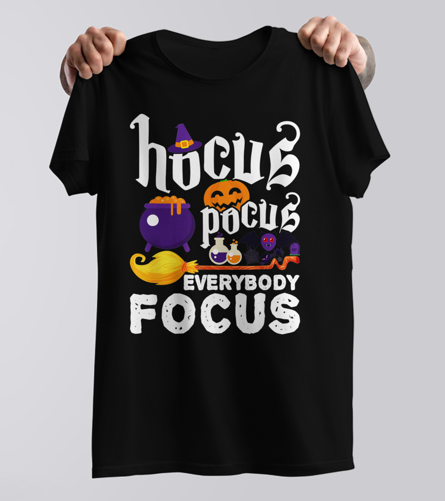 Hocus Pocus Everybody Focus Funny Halloween Costume Cauldron Pumpkin Broom Bat Potions T-Shirt