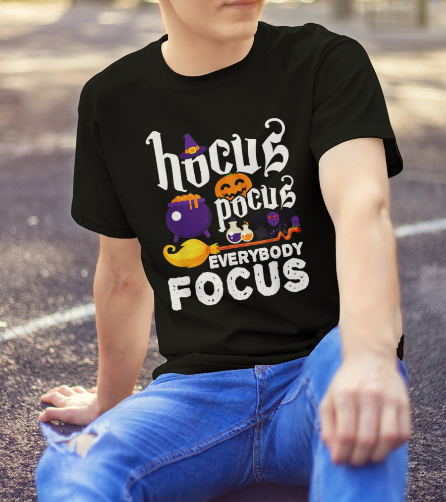 Hocus Pocus Everybody Focus Funny Halloween Costume Cauldron Pumpkin Broom Bat Potions T-Shirt